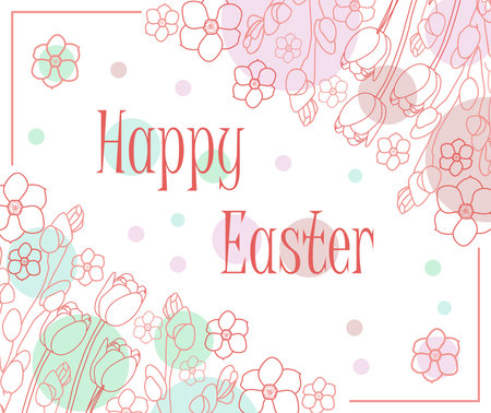 Easter gift card with linear tulips, narcissus and rowan. Linear Easter Greeting card with spring flowers and willow.のイラスト素材