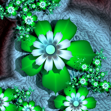 Fantastic floral abstract background consisting of futuristic fractal flowers with a stone texture in the backgroundの写真素材