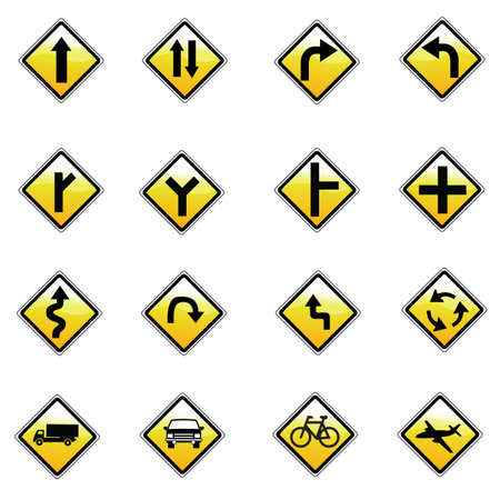 yellow road signs, traffic signs vector set on white backgroundのイラスト素材