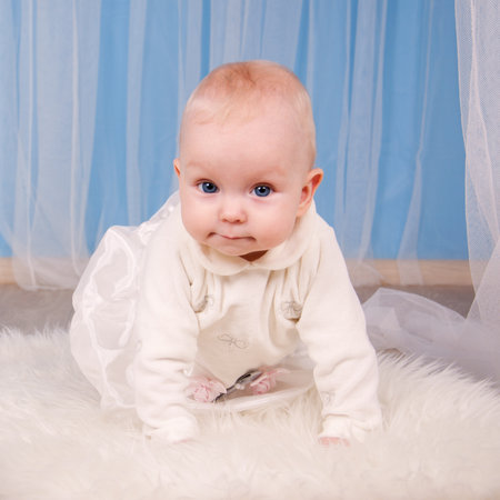 baby 6 months on a blue background の写真素材