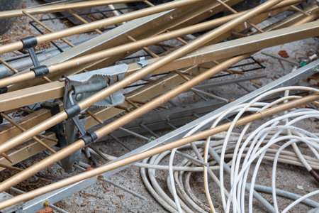 Scrap cable and metal in a waste landfill backgroundの写真素材