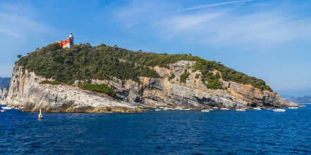 Island with lighthouse near La Spezia, Italyの写真素材
