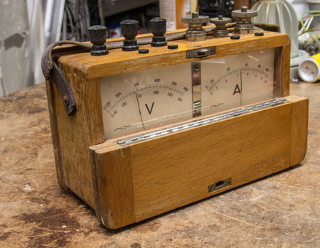 Vintage analog wooden electric meter on the old table testの写真素材