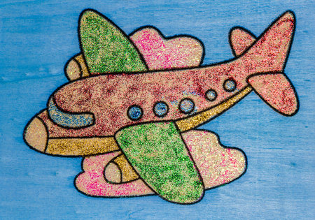Plane among the clouds - nice representation over a wood panelの写真素材