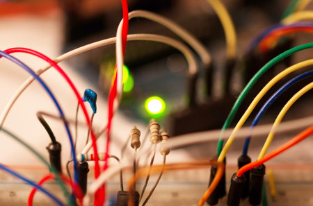 Prototype of an electronic circuit using discrete componentsの写真素材