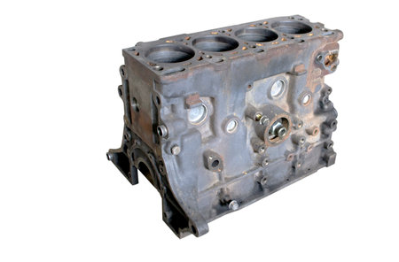 Disassembled diesel engine for repair. The cylinder block is clean.