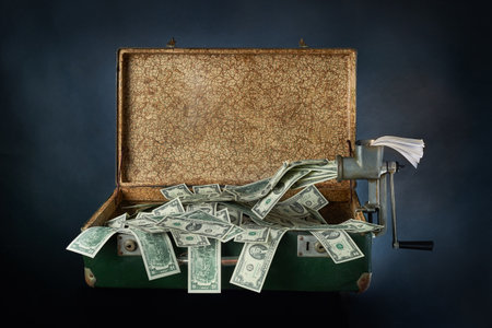 Ancient old green suitcase full of banknotes on a blue background