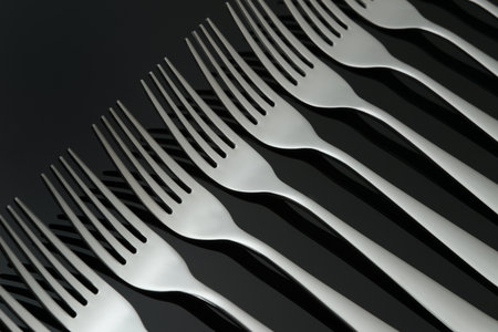 Pattern with many silver forks on black mirror background. Concept, texture.の写真素材