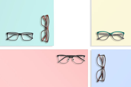 Composition of many different classic style glasses on square stands of different colors. Studio photo.の写真素材