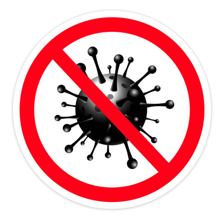 Model of coronavirus or other virus in the form of a prohibition sign on a white background.の写真素材