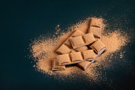 Pieces of dark chocolate and cocoa powder on a dark surface.の写真素材