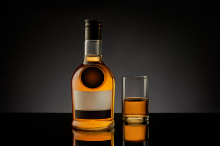 Bottle and glass with whiskey, cognac, brandy on a black background.の写真素材