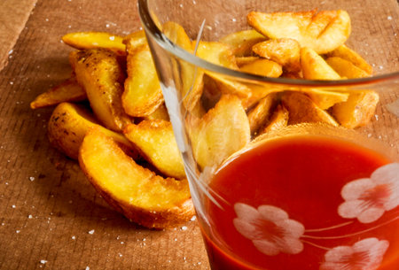 Salted fried potato on a cardboard with a tomato juice