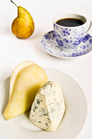 Tasty snack with blue cheese and fresh pearの写真素材