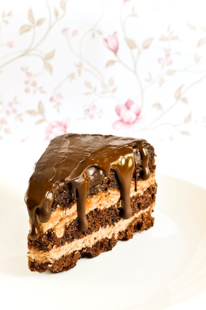 A piece of chocolate cake on a plate. Cake with chocolate drops.
