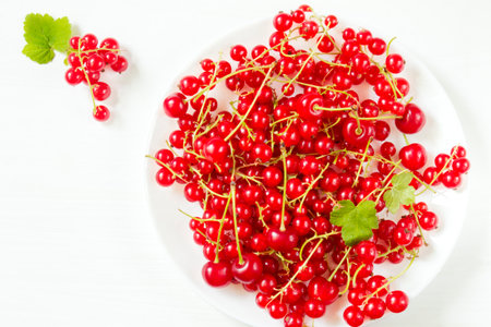 Juicy ripe red currants on a white plate.の写真素材