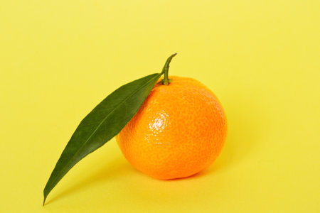 Mandarin orange on a yellow backgroundの写真素材