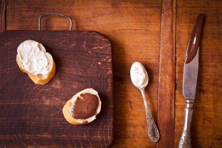 Composition with tasty baguette sandwiches on a wooden tableの写真素材