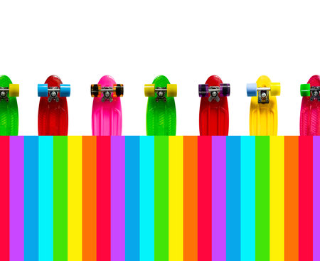 Colorful background with multicolored mini skateboardsの写真素材