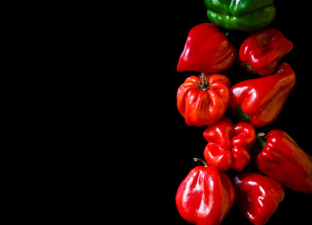 Colorful peppers on a black backgroundの写真素材