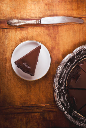 Chocolate cake dessert on the table, directly aboveの写真素材