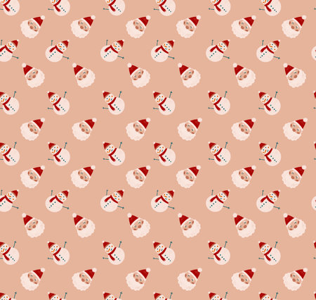 Hand-drawn cute. Christmas pattern with Santa and snowman. Cartoon style pattern.の写真素材