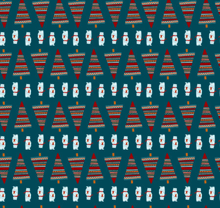 Hand-drawn cute Christmas pattern with white bears and Christmas trees. Cartoon style pattern.の写真素材