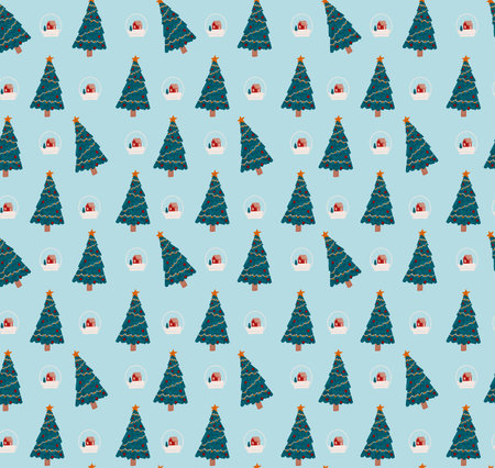 Hand-drawn cute Christmas pattern with crystal balls and Christmas trees. Cartoon style pattern.の写真素材