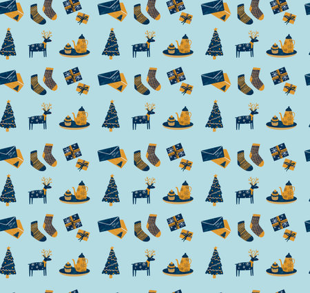 Hand-drawn cute Christmas pattern with deer, socks, teapot, cakes and Christmas tree. Cartoon style pattern.の写真素材