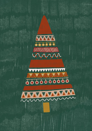 Hand drawn Christmas gift card. The decorated Christmas tree. Cute print for invitations, posters, tags. Cartoon style printsの写真素材