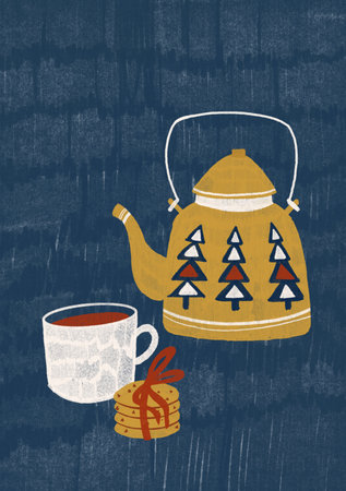 Hand drawn Christmas gift card.  The red teapot, the white mug and the ginger cookies. Cute print for invitations, posters, tags. Cartoon style printsの写真素材