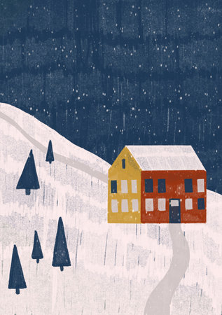 Hand drawn Christmas gift card.  Cute house on a snowy hill. Cute print for invitations, posters, tags. Cartoon style printsの写真素材