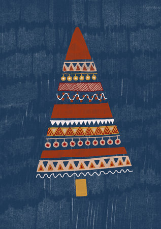 Hand drawn Christmas gift card. The decorated Christmas tree. Cute print for invitations, posters, tags. Cartoon style printsの写真素材