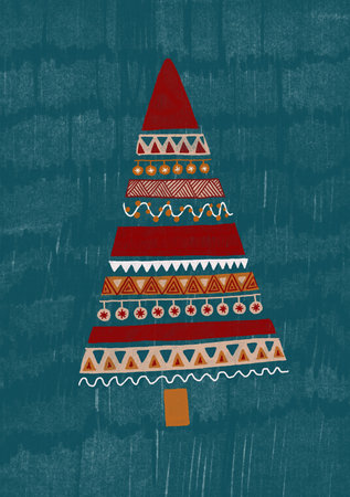 Hand drawn Christmas gift card. The decorated christmas tree. Cute print for invitations, posters, tags. Cartoon style printsの写真素材