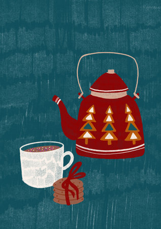 Hand drawn Christmas gift card.  The red teapot, the white mug and the ginger cookies. Cute print for invitations, posters, tags. Cartoon style printsの写真素材