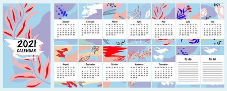 2021 wall Ñalendar. Set of 12 months and notes sheets. Calendar can be used as phone screensaver. Abstract artistic vector illustrations.のイラスト素材
