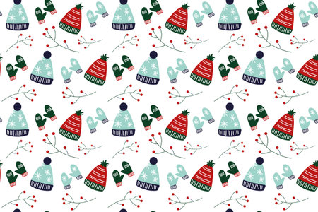 Cartoon hats and mittens Christmas seamless vector pattern. Pattern is suitable for postcards,...