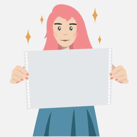 Woman holding blank sheet of paper. Vector illustration in flat style.のイラスト素材