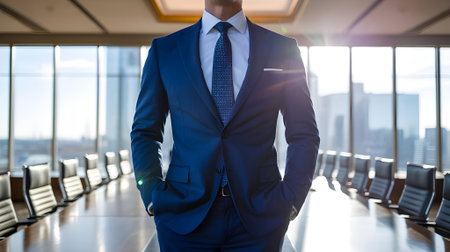 Confident businessman in blue suit standing in modern office boardroom with city skyline view, symbolizing leadership, success, and professionalismの素材