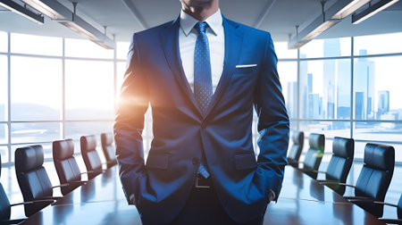Confident businessman in blue suit standing in modern office boardroom with city skyline view, symbolizing leadership, success, and professionalismの素材