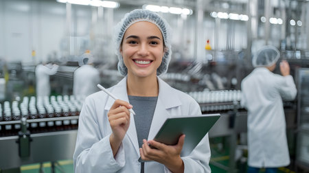 Smiling quality control worker in lab coat using digital tablet inside modern pharmaceutical factory, ensuring product safety and production efficiency.の素材