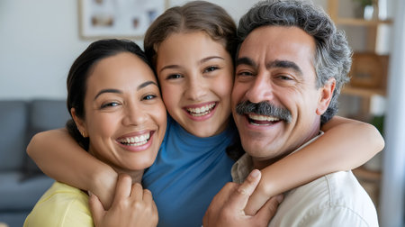Happy family portrait showing loving parents and smiling daughter embracing together at home, symbolizing warmth, joy, and strong family bond.の素材