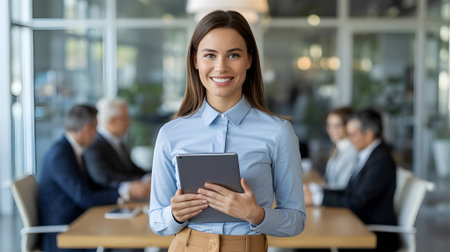 Confident young businesswoman smiling while holding a tablet in a modern office environment, representing technology, professionalism, and leadership.の素材