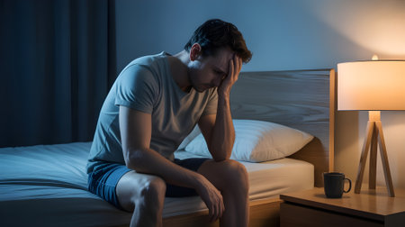 Stressed man sitting on bed at night, suffering from insomnia or anxiety, illuminated by soft bedside lamp.の素材