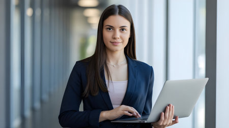 Confident young businesswoman holding laptop in modern office hallway, representing professionalism, technology, leadership, and corporate success.の素材