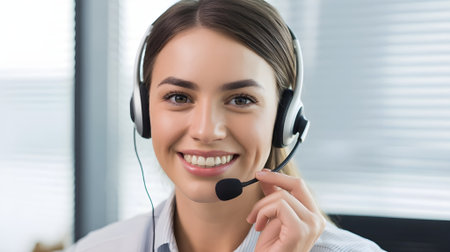 Smiling customer service representative with headset providing professional support and assistance in a modern office environment.の素材
