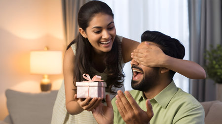 Happy young Indian couple sharing joyful surprise moment at home, as woman gifts partner a present with laughter and love.の素材