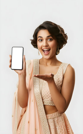Excited woman in traditional ethnic attire holding smartphone with blank screen, presenting mobile app or digital product in studio.の素材