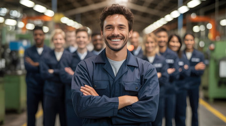 Confident industrial team smiling in factory, showcasing teamwork, leadership, and professional success in modern manufacturing environment.の素材