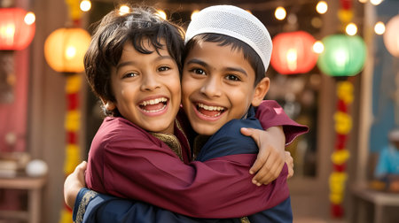 Two happy boys hugging and smiling in traditional festive attire during cultural celebration with colorful decorations and joyful atmosphere.の素材